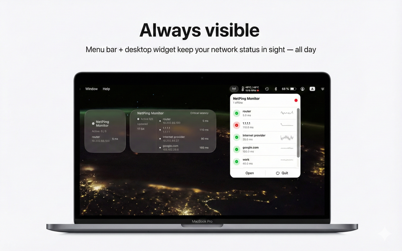 NetPing Monitor menu bar popover with compact host status